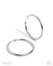 Load image into Gallery viewer, Surmounting Sheen ~ Silver Hinge Hoop Earrings ~ Paparazzi ~ Life of the Party October 2025
